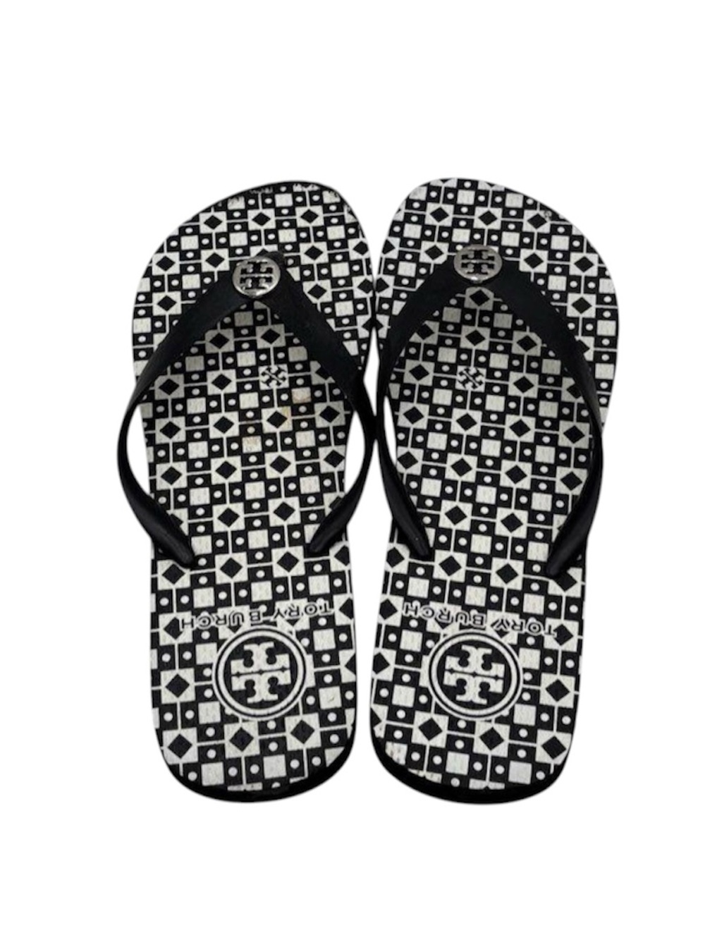 Tory Burch Black & White Patterned Logo Flip Flops - Picture 1 of 3